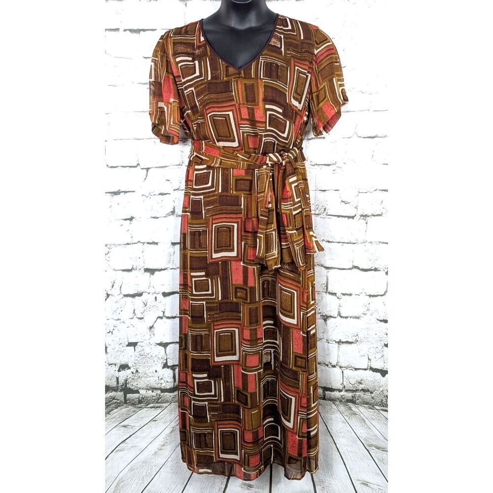 LOLA P. Vintage Geo Mod Print Maxi Dress Boho Hippie Retro Column Dress Large